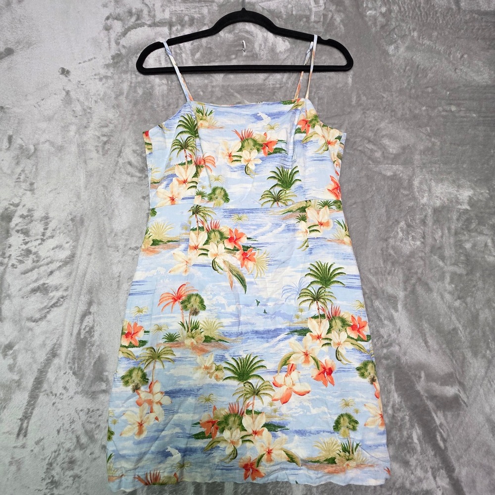 Forever 21 Women Blue Tropical Palm Tree Linen Blend Mini Dress Large Sleeveless